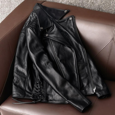 Jacke aus echtem Leder mit großem Revers und karierter Rückseite