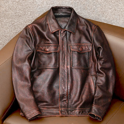 Schwere braune Motorradjacke aus echtem Leder