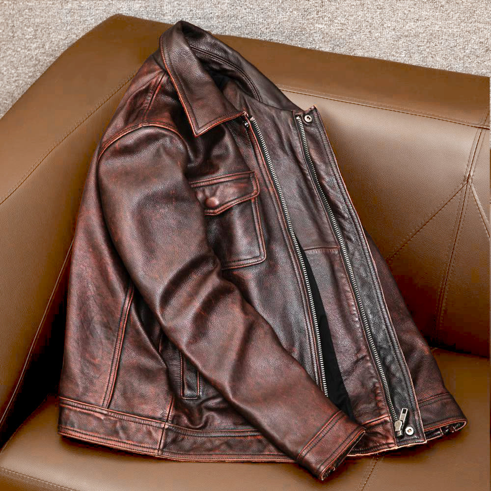 Schwere braune Motorradjacke aus echtem Leder