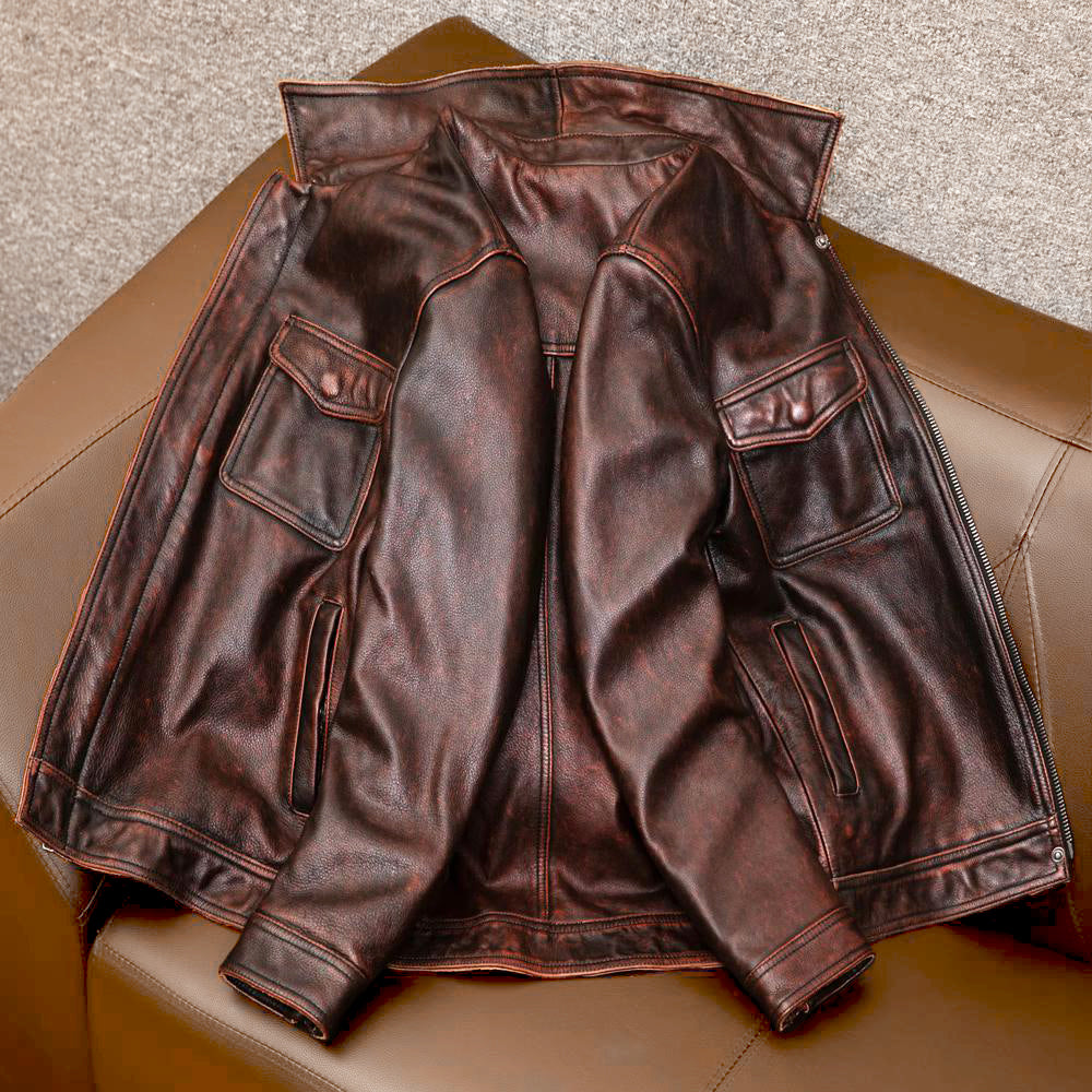 Schwere braune Motorradjacke aus echtem Leder