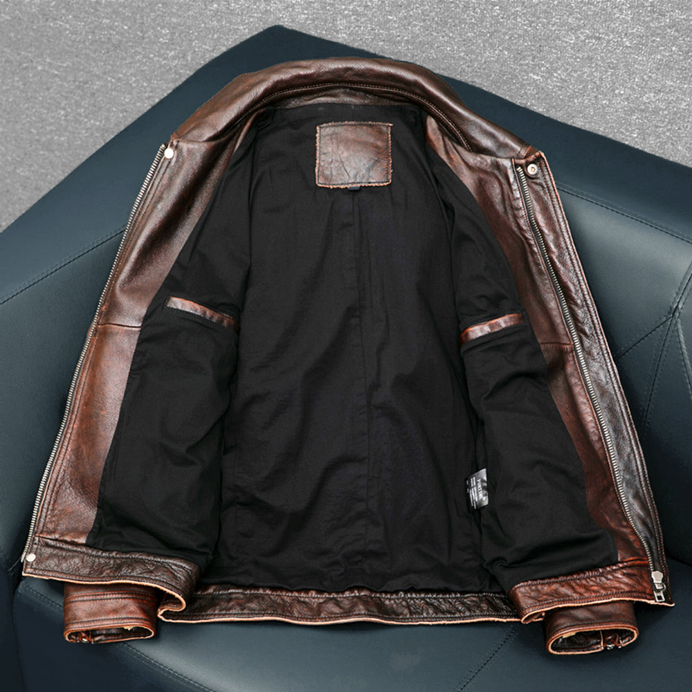 Schwere braune Motorradjacke aus echtem Leder