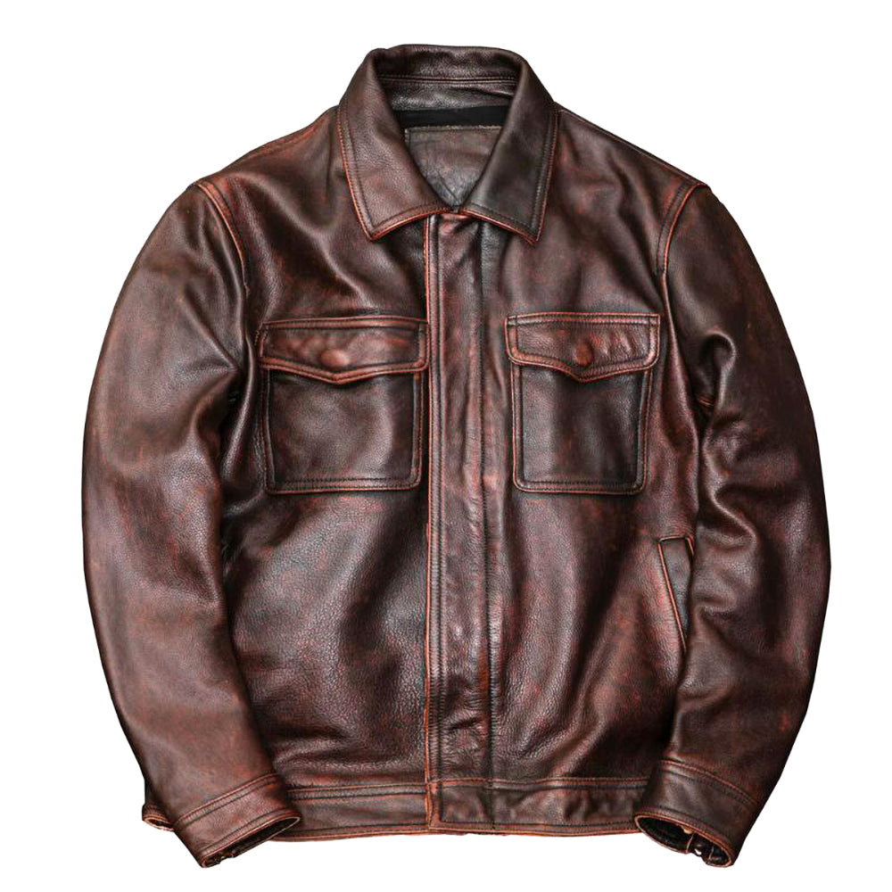 Schwere braune Motorradjacke aus echtem Leder