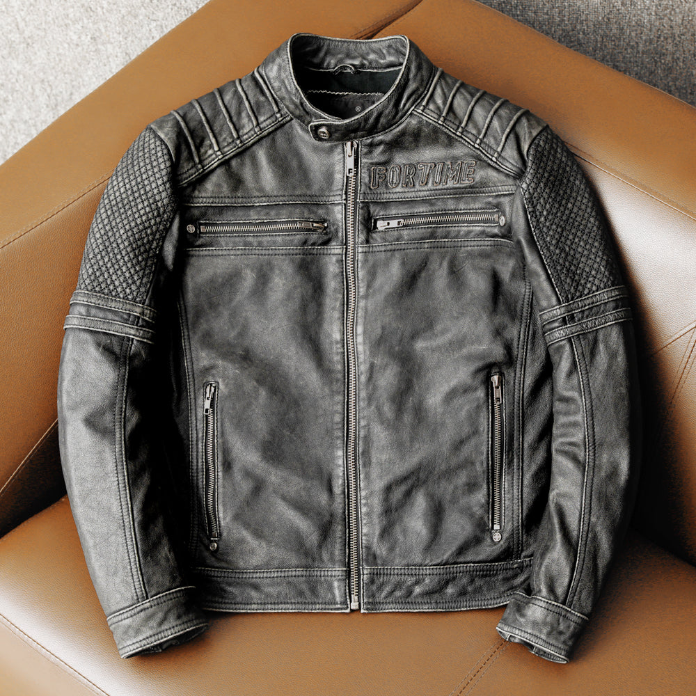 Graue Motorradjacke aus echtem Leder
