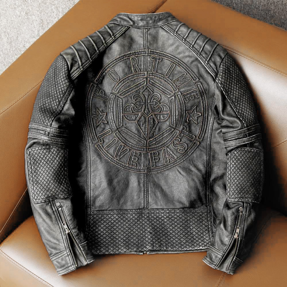 Graue Motorradjacke aus echtem Leder