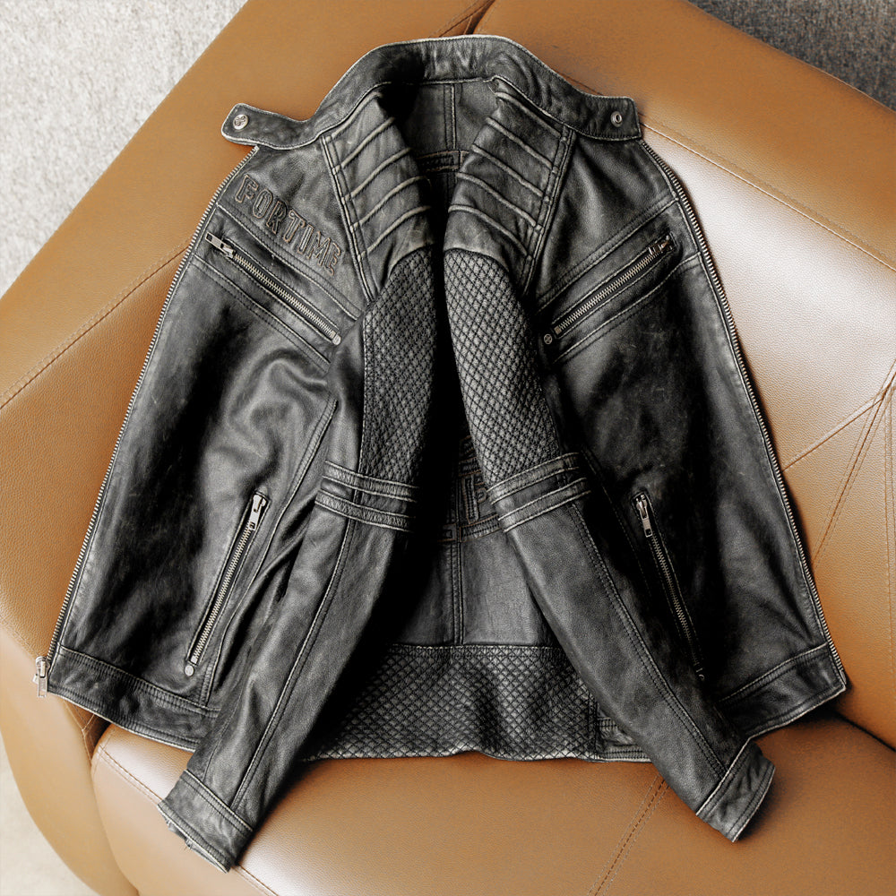 Graue Motorradjacke aus echtem Leder