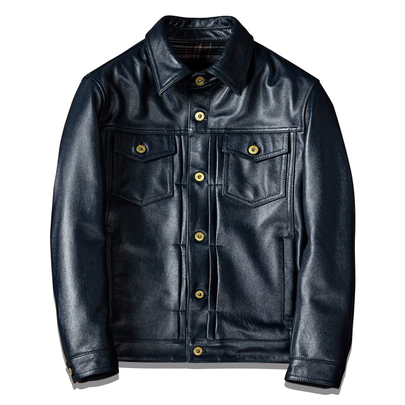 Motorcycle Lapel Blue Denim Genuine Leather Jacket