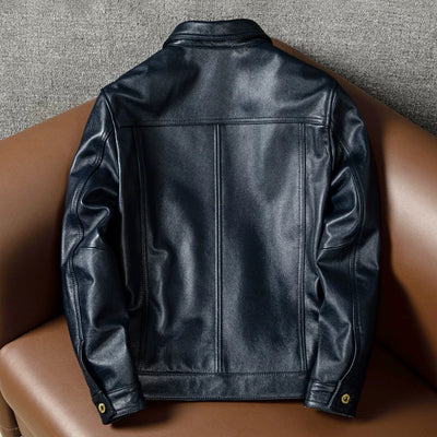 Motorcycle Lapel Blue Denim Genuine Leather Jacket