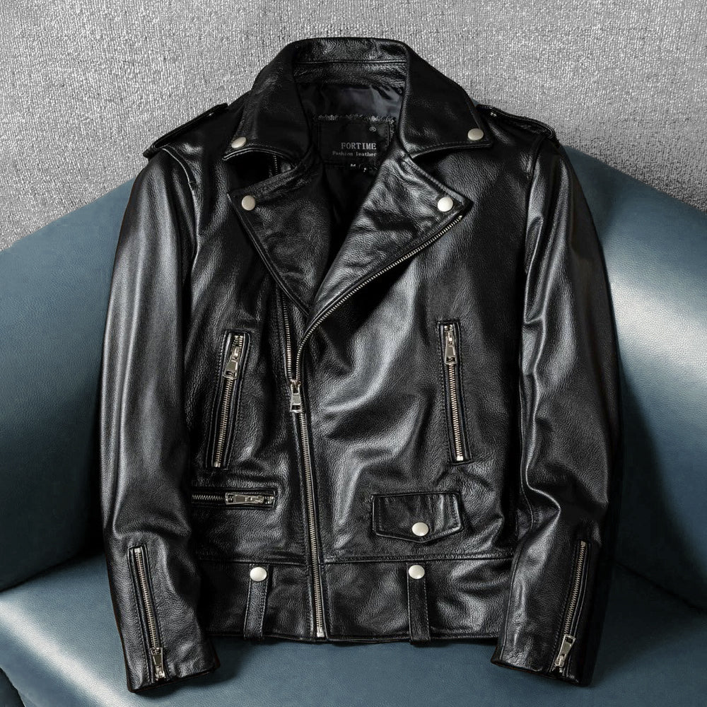 Large Lapel Motorcycle Genuine Leather Jacket