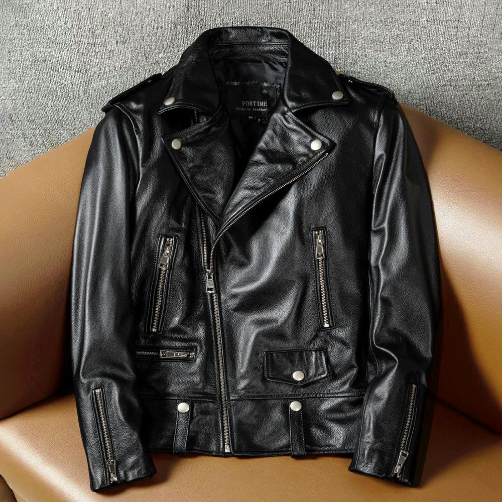 Lässige schwarze Motorrad-Lederjacke