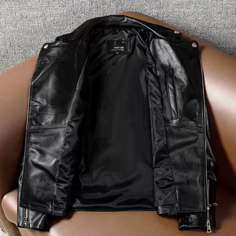 Large Lapel Elegant Style Genuine Leather Jacket