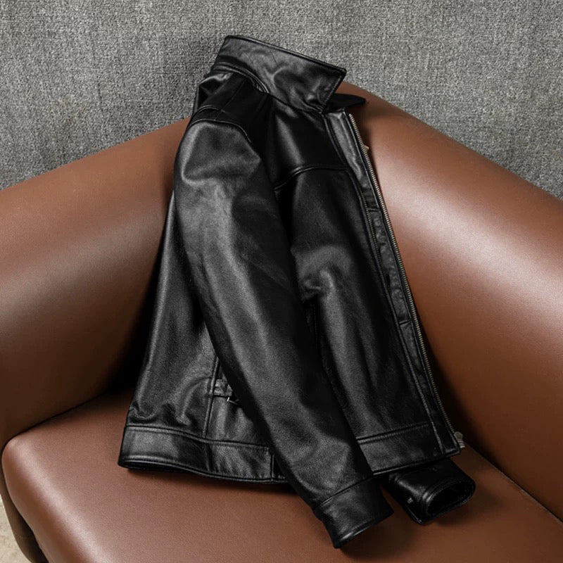 Black Short Motorcycle Genuine Leather Jacket