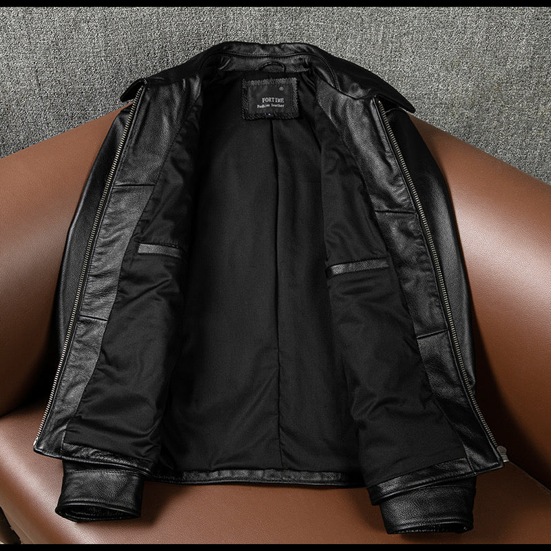 Black Short Motorcycle Genuine Leather Jacket