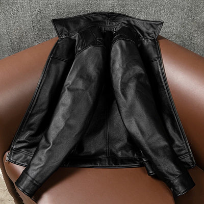 Black Short Motorcycle Genuine Leather Jacket