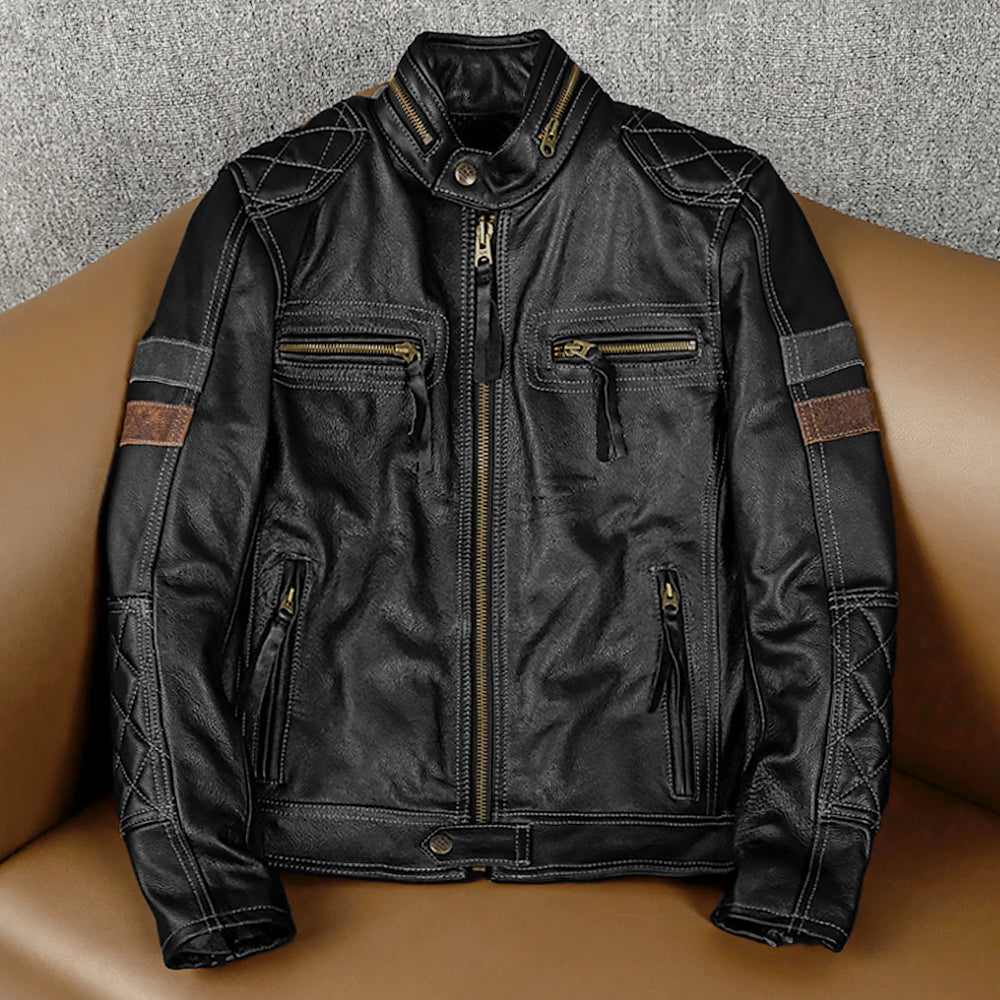 Grid Pattern Motorcycle Genuine Leather Jacket
