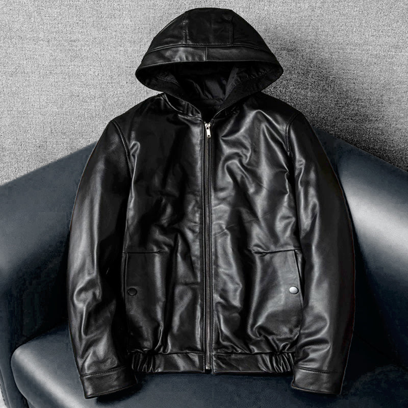 Hooded Black Motorcycle Genuine Leather Jacket