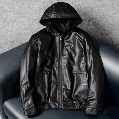 Hooded Black Motorcycle Genuine Leather Jacket