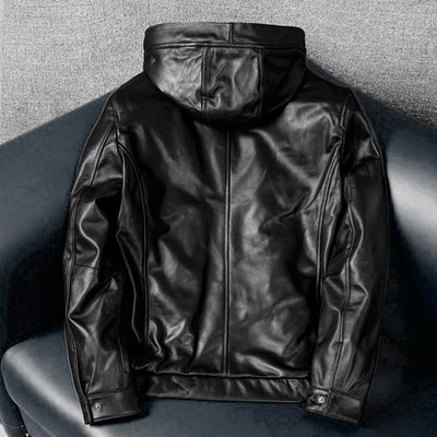 Hooded Black Motorcycle Genuine Leather Jacket