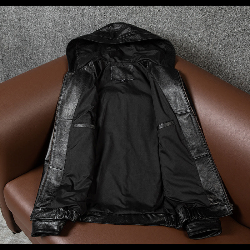 Hooded Black Motorcycle Genuine Leather Jacket