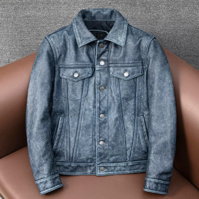 Amekaji Distressed Blue Denim Genuine Leather Jacket