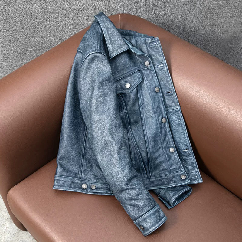 Amekaji Distressed Blue Denim Genuine Leather Jacket