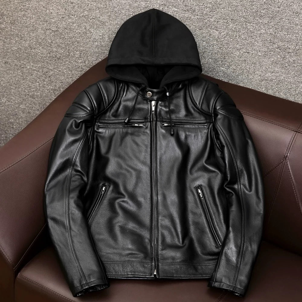 Lässige schwarze Motorrad-Lederjacke