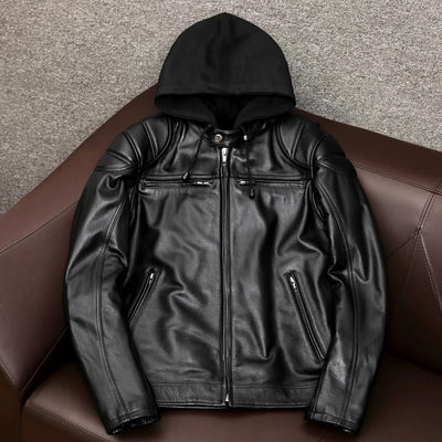 Detachable Hooded Slim Fit Motorcycle Leather Jacket