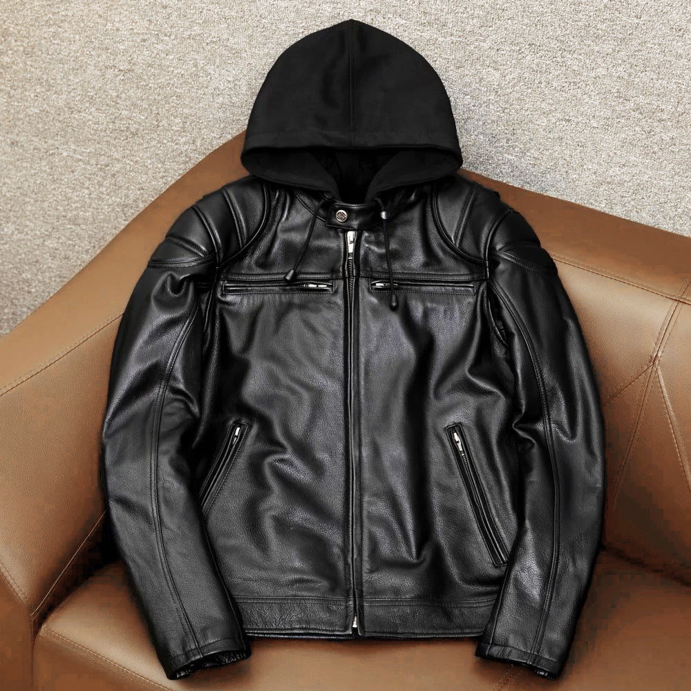 Detachable Hooded Slim Fit Motorcycle Leather Jacket