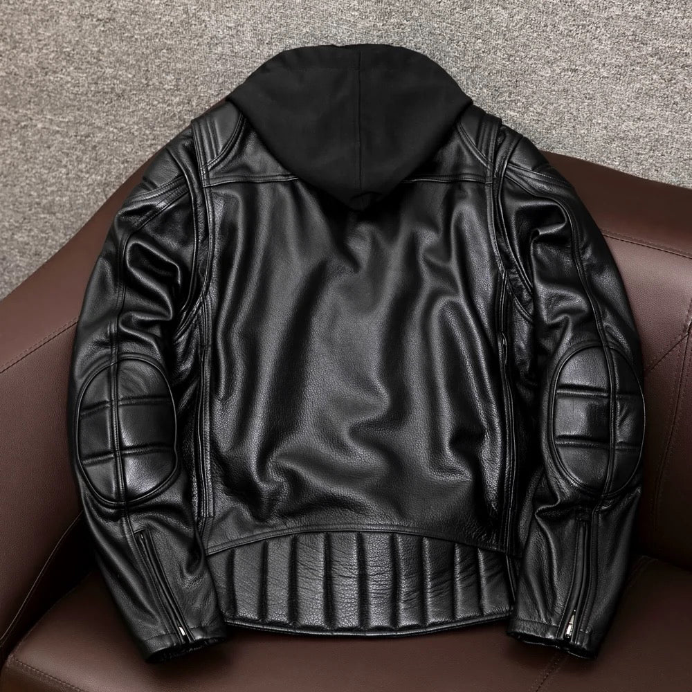 Detachable Hooded Slim Fit Motorcycle Leather Jacket