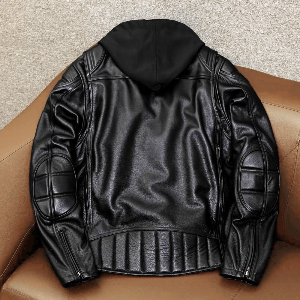 Detachable Hooded Slim Fit Motorcycle Leather Jacket