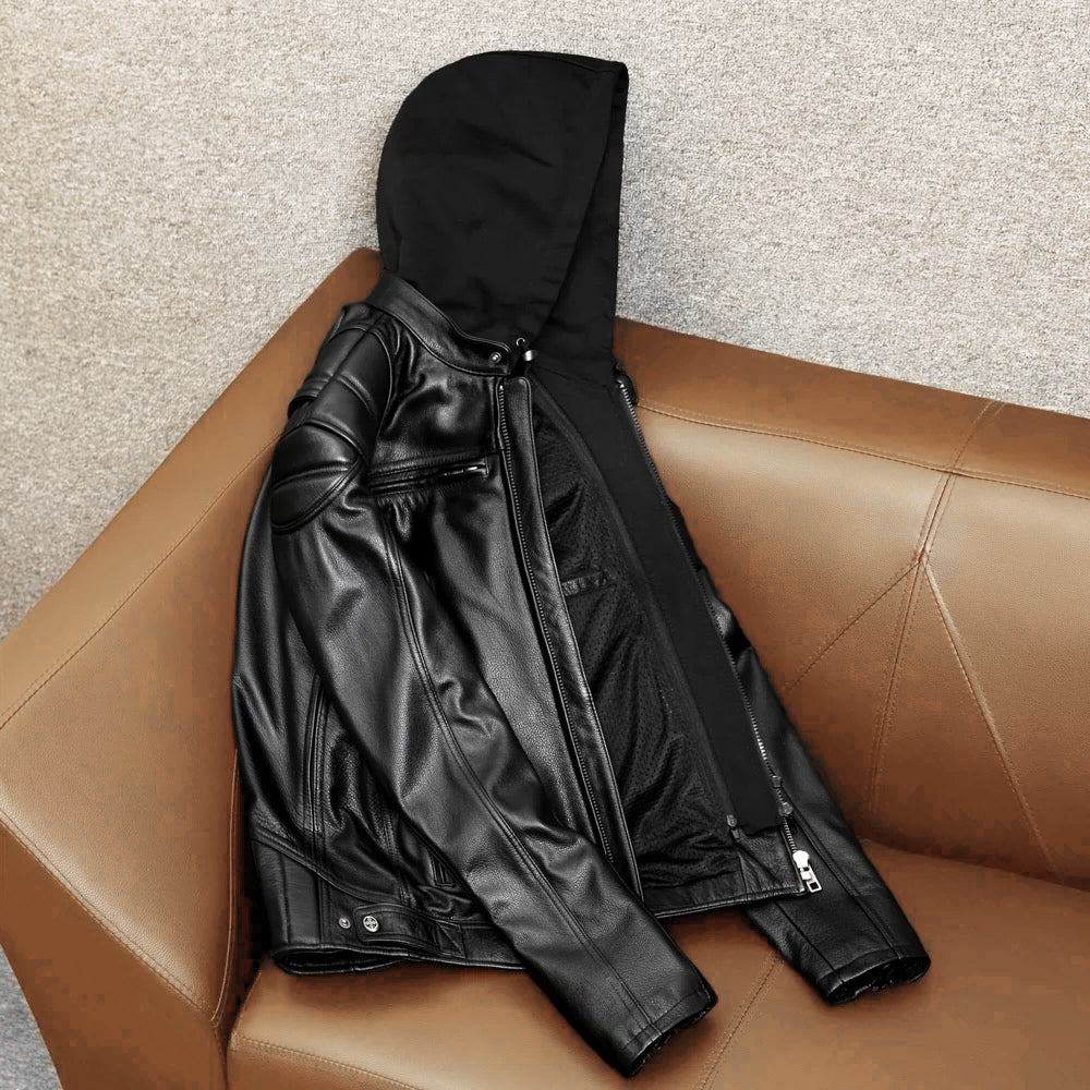 Detachable Hooded Slim Fit Motorcycle Leather Jacket