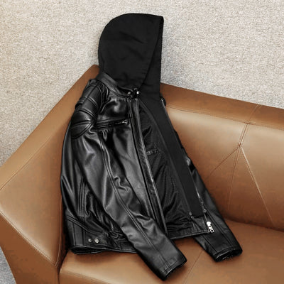 Detachable Hooded Slim Fit Motorcycle Leather Jacket