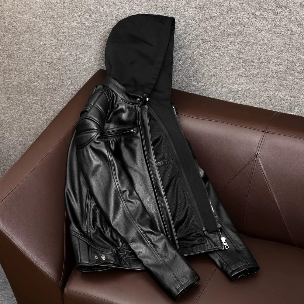 Detachable Hooded Slim Fit Motorcycle Leather Jacket