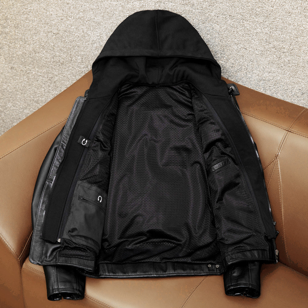 Detachable Hooded Slim Fit Motorcycle Leather Jacket