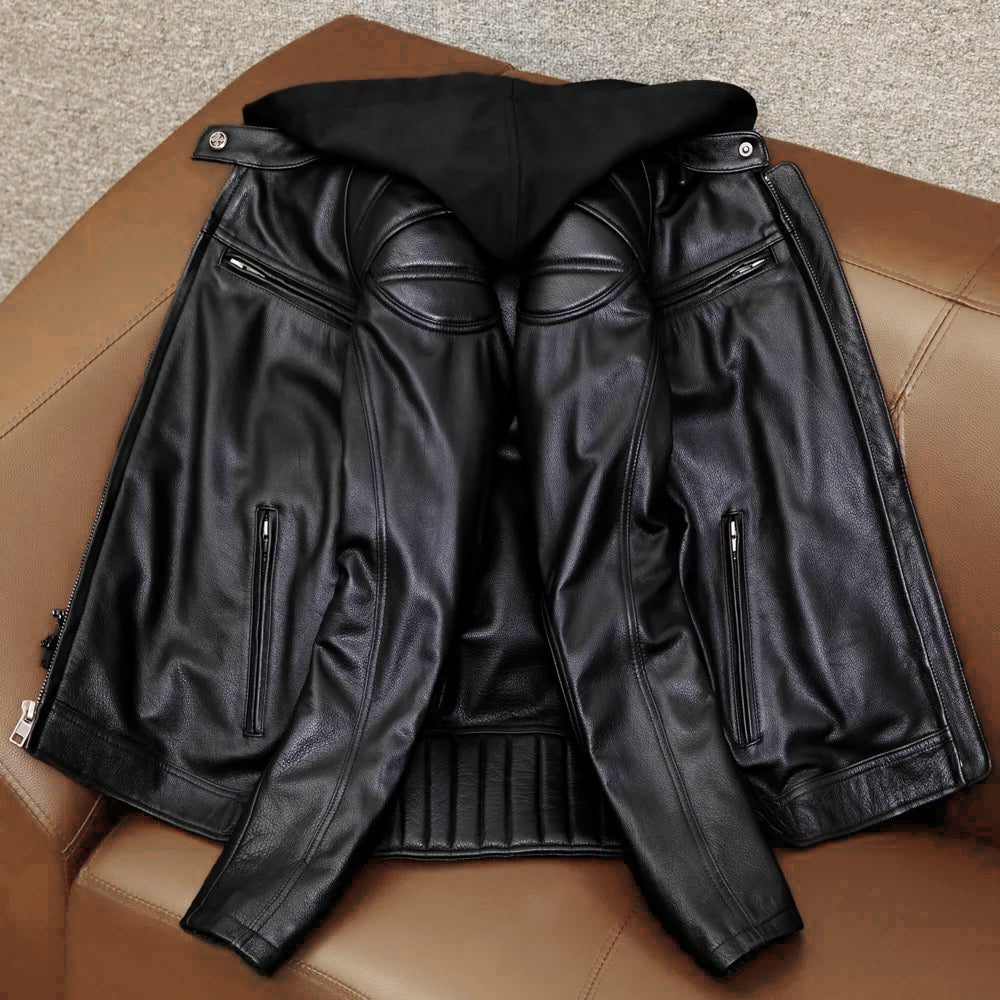 Detachable Hooded Slim Fit Motorcycle Leather Jacket