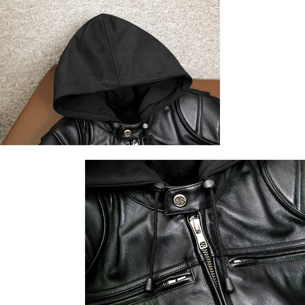 Detachable Hooded Slim Fit Motorcycle Leather Jacket