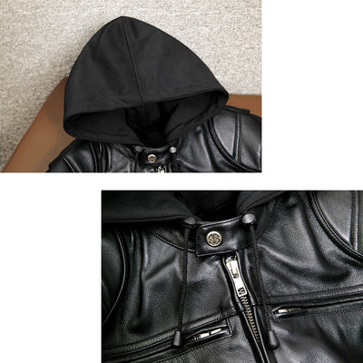 Detachable Hooded Slim Fit Motorcycle Leather Jacket