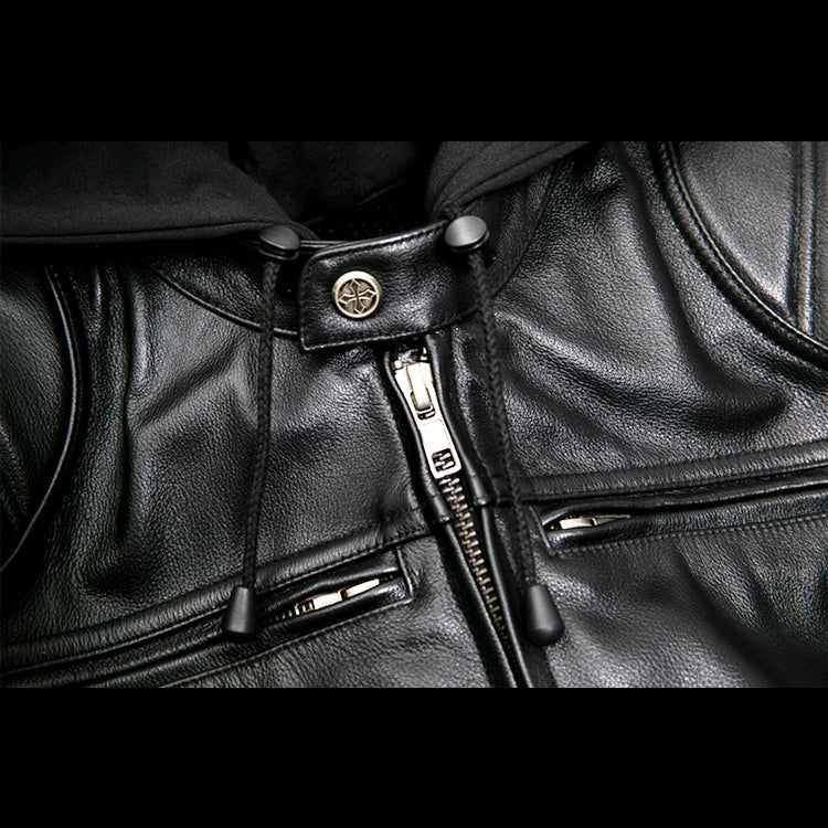 Detachable Hooded Slim Fit Motorcycle Leather Jacket