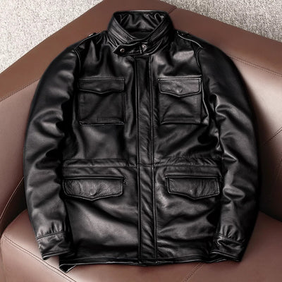 Lässige schwarze Motorrad-Lederjacke