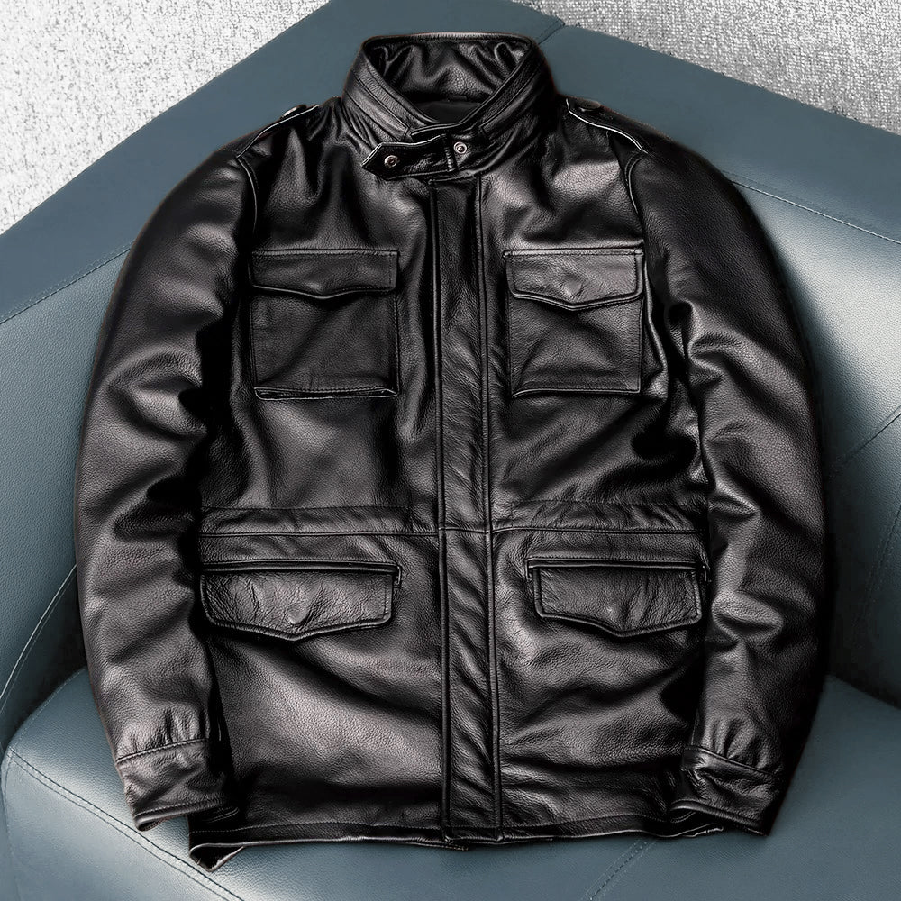 Lässige schwarze Motorrad-Lederjacke