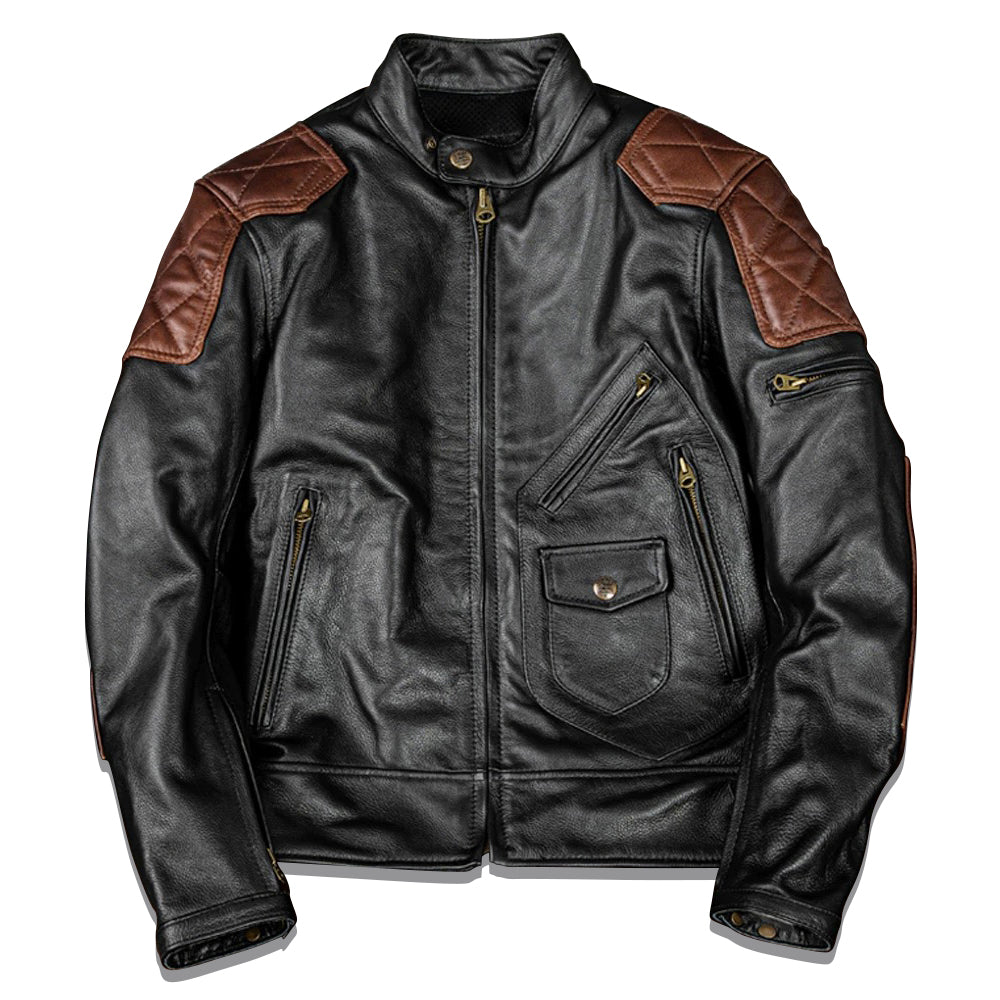 Plaid Stitching Motorcycle Genuine Leather Jacket
