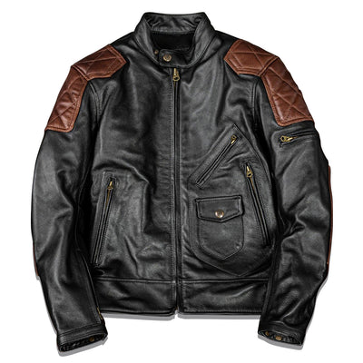 Plaid Stitching Motorcycle Genuine Leather Jacket