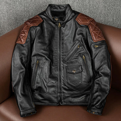 Plaid Stitching Biker Leather Jacket With Protective Gear Pocket