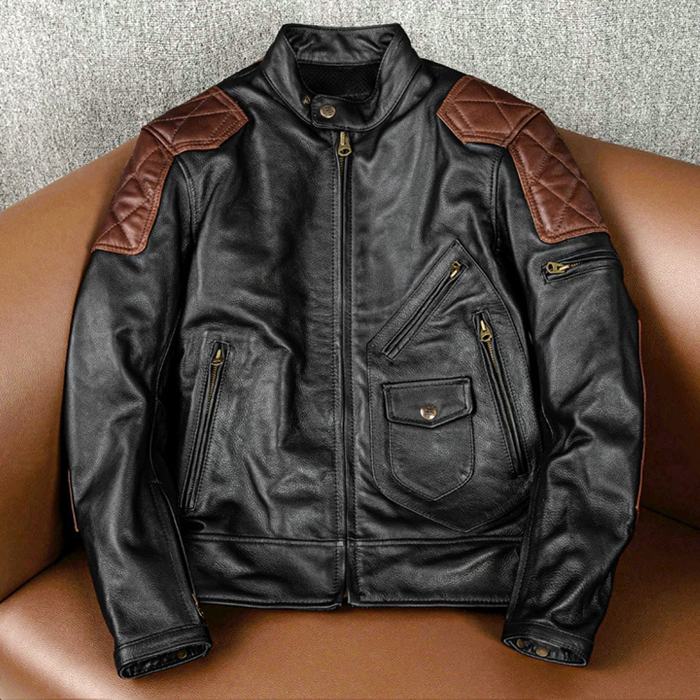 Plaid Stitching Motorcycle Genuine Leather Jacket