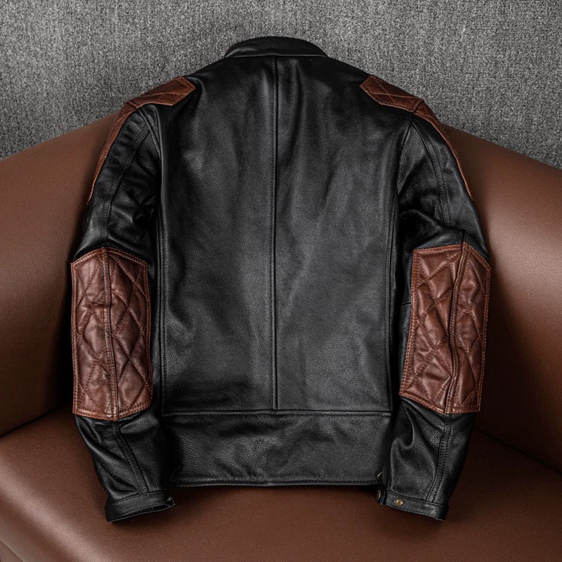 Plaid Stitching Biker Leather Jacket With Protective Gear Pocket