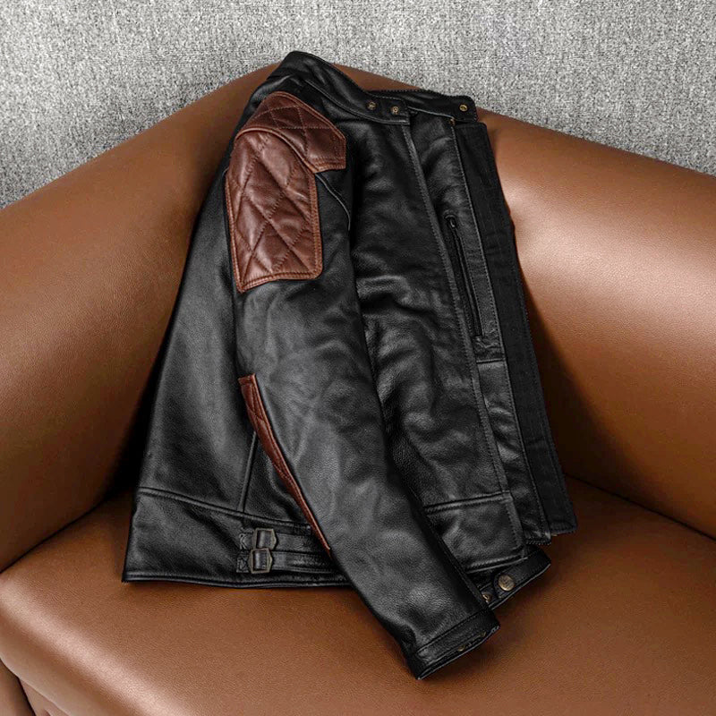 Plaid Stitching Motorcycle Genuine Leather Jacket