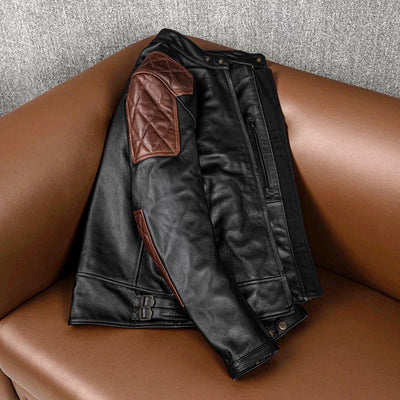 Plaid Stitching Motorcycle Genuine Leather Jacket