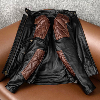 Plaid Stitching Motorcycle Genuine Leather Jacket