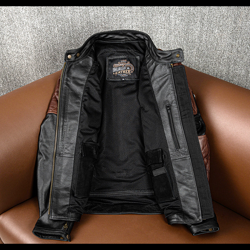 Plaid Stitching Motorcycle Genuine Leather Jacket