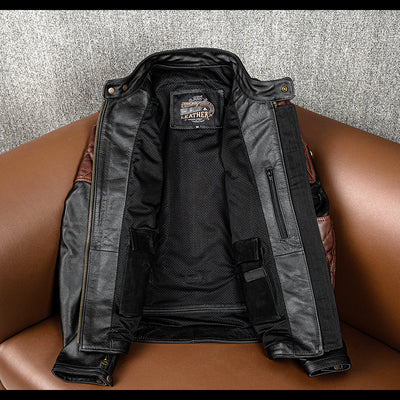 Plaid Stitching Motorcycle Genuine Leather Jacket