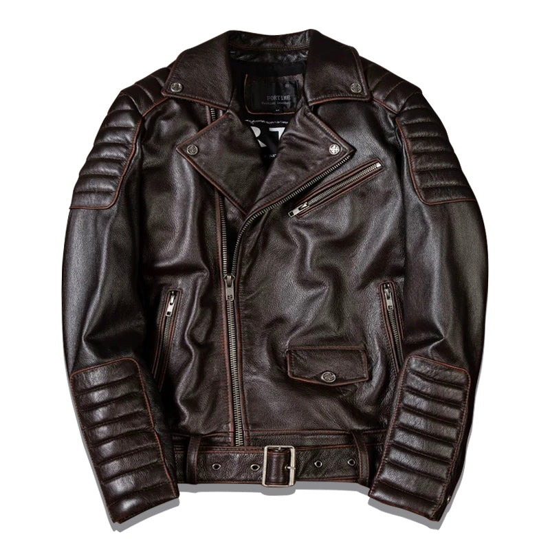 Dark Brown Large Lapel Motorcycle Cowhide Leather Jacket